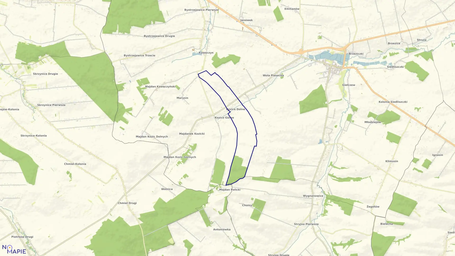 Mapa obrębu Kozice Dolne w gminie Piaski